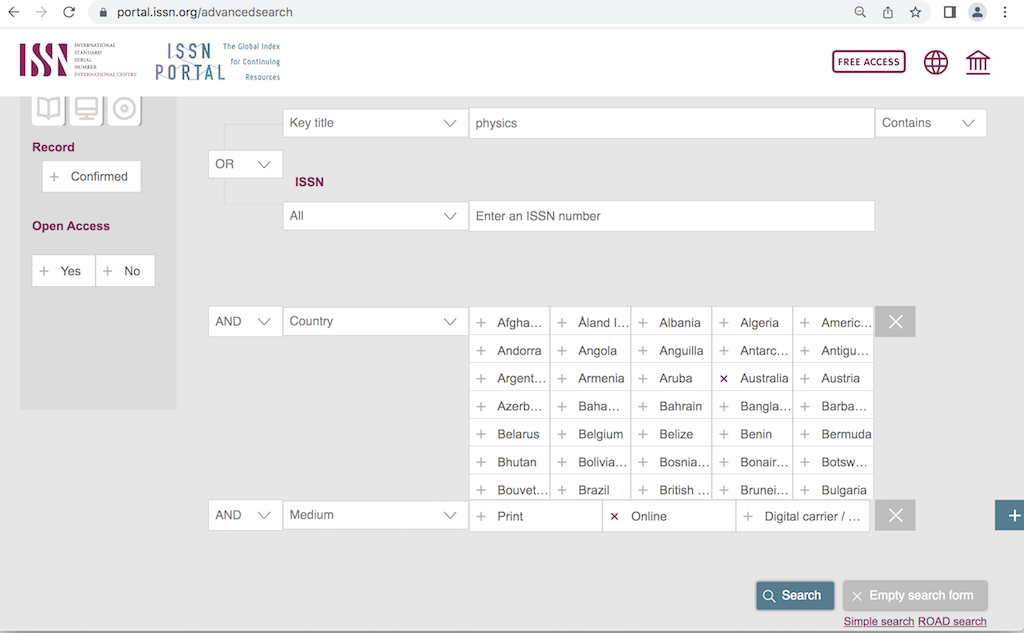 Advanced Search for Journal on portal.issn.org