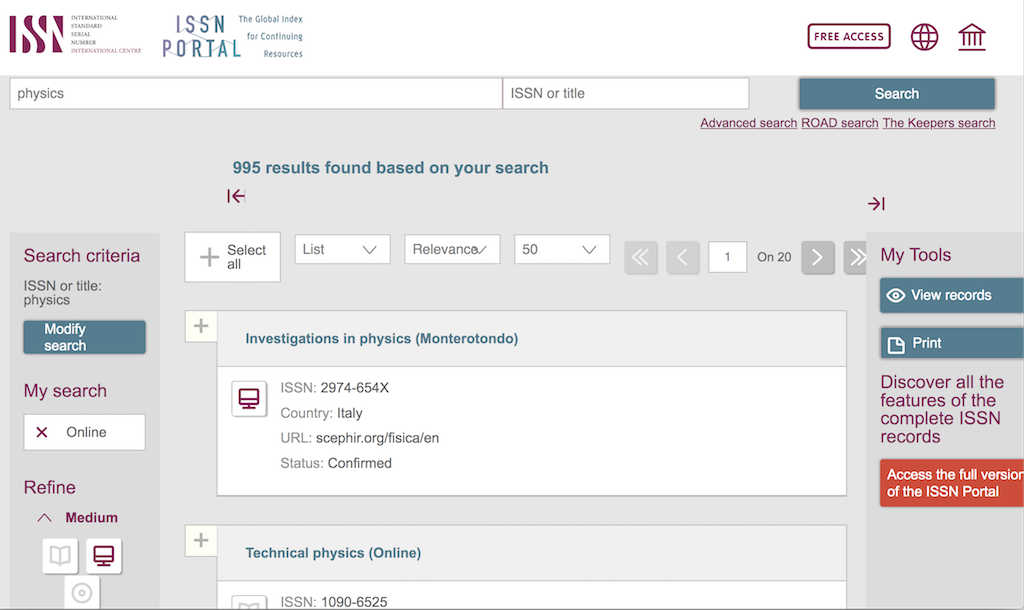 Search for Journal on portal.issn.org