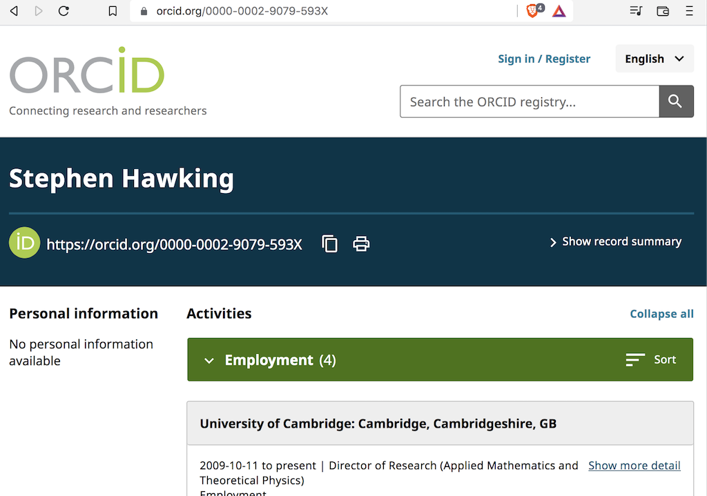 ORCID URN for Stephen Hawking